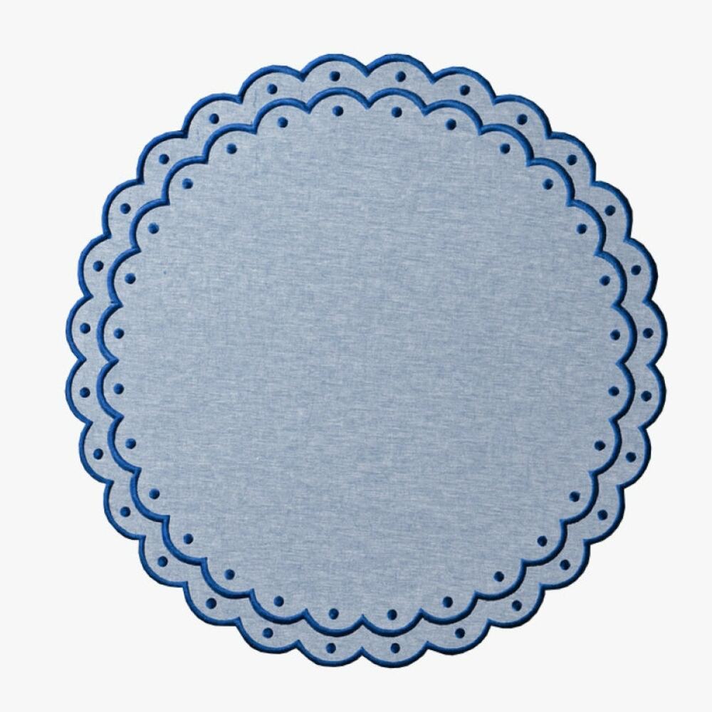 Table Two Studio Avalon Placemat Set Embroidered Chambray Linen Scalloped (4)